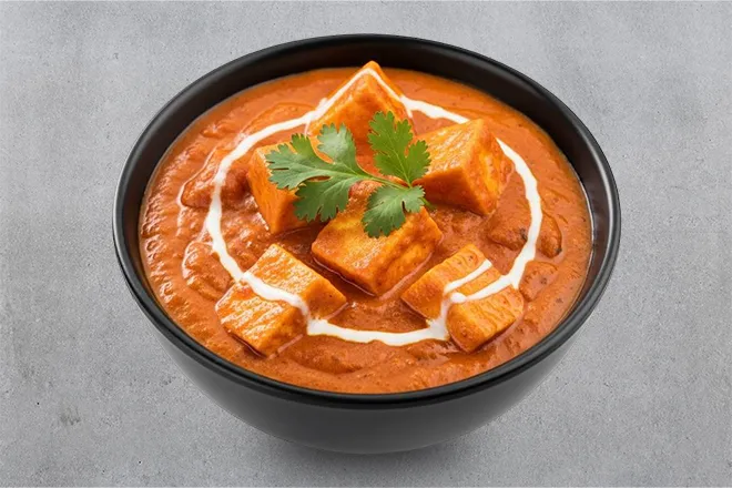 A creamy orange Paneer Butter Masala curry with cottage cheese cubes served at a North Indian restaurant in Singapore.